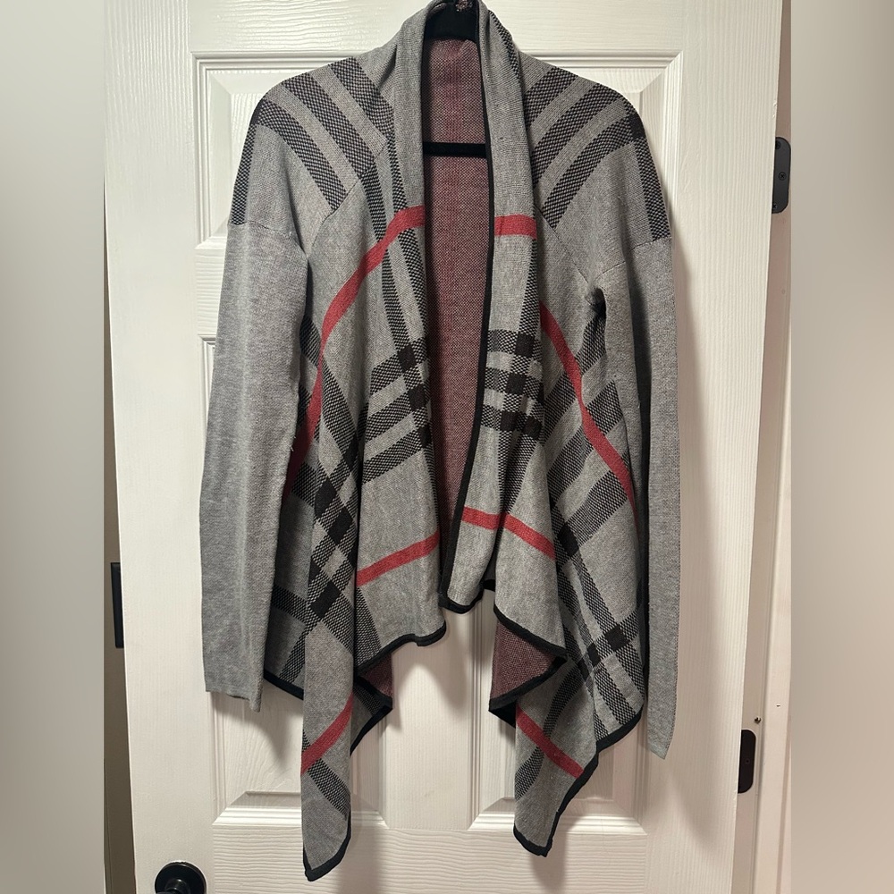 Staccato Gray and Red Plaid Cardigan